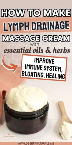 Improve your immune system, reduce bloating, water retention and detox with this homemade DIY lymph drainage massage cream recipe using cocoa butter, mango butter, coconut oil, essential oils and herbs like calendula, ginger, yarrow, and cleavers. Lymphatic Drainage through Massage has massive health benefits. Using specific herbs and essential oils can support optimal lymph drainage. Use this massage cream to moisturize your skin while improving lymphatic drainage. Herbal Medicine Recipes, Massage Cream, Lymph Drainage