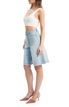 Refresh your denim with faded nonstretch shorts flaunting a fitted high waist and roomy legs that relax into frayed, knee-length hems. Zip fly with button closure Front scoop pockets; back patch pockets 100% cotton Machine wash, line dry Imported Summer Light Wash Denim Flare Jeans, Summer Faded Denim Flare Jeans, Medium Wash Mid-rise Bermuda Shorts For Summer, Mid-rise Bermuda Shorts In Medium Wash For Summer, Mid-rise Medium Wash Bermuda Shorts For Summer, Summer Mid-rise Medium Wash Bermuda Shorts, Summer Relaxed Fit Medium Wash Cropped Jeans, Spring Medium Wash Knee-length Cropped Jeans, Relaxed Fit Medium Wash Cropped Jeans For Summer