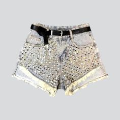 Metal embellished asymmetric denim shorts online—cool women's denim shorts from the 2023 Summer collection. With street fashion, you can be sure that your outfit reflects your personality and values. Street-style denim clothes offer a unique look that allows you to express your individuality and stand out. Street-style denim clothing is comfortable and versatile, allowing you to mix and match different pieces to create unique looks. This clothing style is also easy to customize, so you can stay Denim Clothes, White Jeans Men, Yellow Denim, Denim Clothing, Short Denim, Embellished Denim, Metal Accents, Current Fashion Trends, Chic Vintage