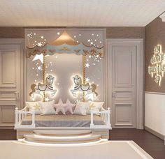 a bedroom with a carousel and stars on the wall