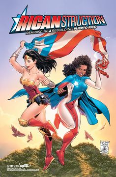 the cover to action comics featuring two women, one with an american flag on her back