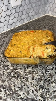 a casserole dish is sitting on the counter