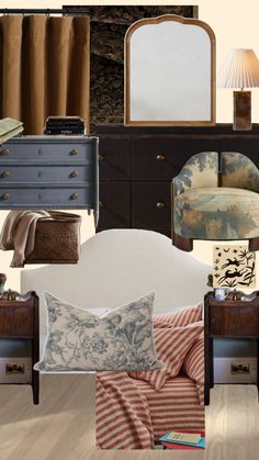 a collage of furniture and accessories including a bed, chair, mirror, lamp