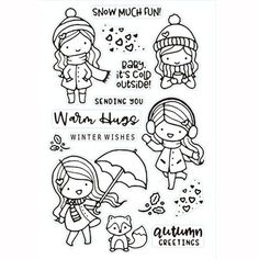 the clear stamp set features three girls with umbrellas, snow and winter weather scenes