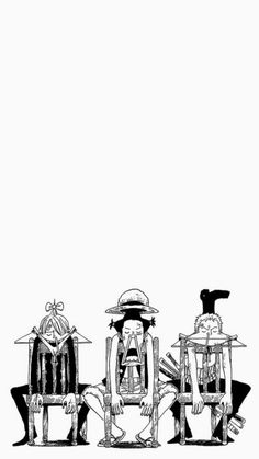 three people sitting in chairs with hats on their heads and one person standing behind them