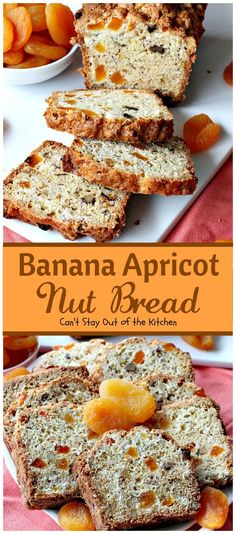 banana apricot nut bread is cut in half and stacked on top of each other