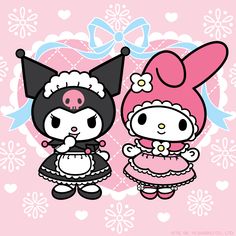 two cartoon characters are standing next to each other in front of a heart shaped background