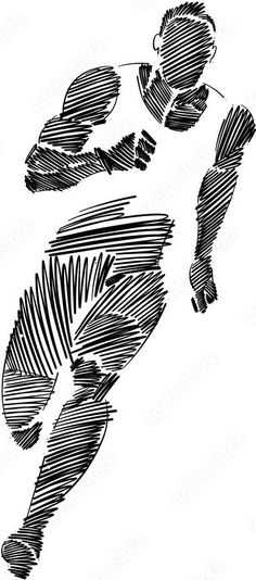 an ink drawing of a soccer player kicking the ball with his leg and head in motion