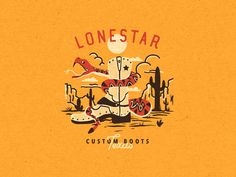 the lonestar custom boots logo is shown on an orange background with cactus and mountains