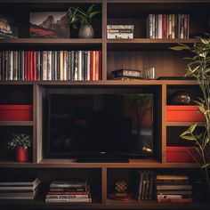 a television sitting on top of a wooden shelf next to a potted plant and books