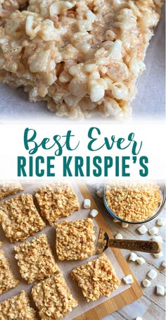 rice krispies on a cutting board with marshmallows in the background and text overlay that reads best ever rice krispies