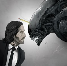 a man in a suit and tie next to an alien head