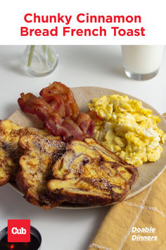 Plate of Chunky Cinnamon Bread French Toast with eggs and bacon. Cinnamon Bread French Toast, Bite Size Breakfast, Fruit Ice Pops, Toast Bacon, Single Serve Meals, Bagel Bread, Bacon Eggs Breakfast, Frozen Pasta, Donut Dessert