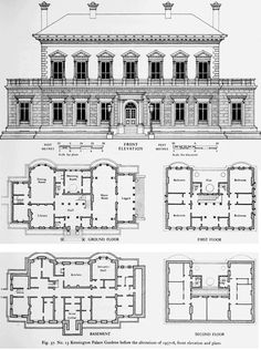 three different views of an old building with windows and balconies on the second floor