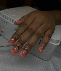 Orange Tips Short Nails, Short Acrylics For Work, Shorties Acrylic Nails Summer, Short Square Orange French Tips, Short French Tip Acrylic Nails Orange, Orange Nails Acrylic Short Square, Orange Prom Nails Black Women, Short Square Colored French Tip, Nails French Tip With Design Short