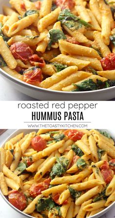 two pictures of pasta with tomatoes and spinach