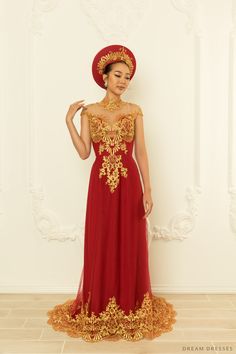 Our stylish and chic Nelly burgundy red ao dai with gold lace will certainly make a grand entrance on your big day. We love how enchanting the gold lace detailings look paired with a deep, burgundy color; truly romantic! A gorgeous illusion neckline and small cap sleeves add a modern twist to this traditional, classic ensemble. Feel unique and bold adorned in Nelly! Detail: Burgundy red Vietnamese Ao Dai Collar: 1.2''/3cm Illusion neckline Small cap sleeves Keyhole back Chiffon pants Sweep train Gold Ao Dai, Bridal Ao Dai, Red Ao Dai, Vietnamese Ao Dai, Chiffon Pants, Collage Drawing, Fashionably Late, Dream Dresses, Illusion Neckline