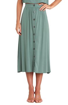 This flowy button-front skirt gives your look a fresh, relaxed vibe that's perfect for brunch, weekend parties and resort getaways. Front button closure Unlined 100% rayon Hand wash, dry flat Imported Button Front Midi Skirt, Button Front Skirt, Dresses By Length, Pleated Midi Skirt, Green Skirt, Casual Party, Line Design, Midi Length, New Dress