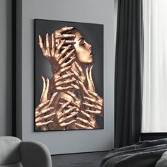 a painting on the wall above a bed in a room