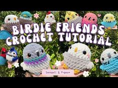 the crochet pattern for birdie friends is shown in front of some bushes