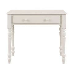 a small white table with two drawers on one side and an open drawer on the other