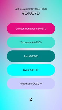 Split–Complementary Color Palette Crimson Radiance #E40B7D · Turquoise #40E0D0 · Teal #008080 · Cyan #00FFFF · Periwinkle #CCCCFF Complementary Color Palette, Firebrick Red, Split Complementary Colors, Split Complementary, Fiery Red, Complementary Colors, A Color