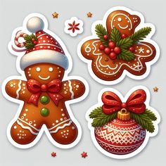 three stickers with christmas decorations and gingerbreads on the top one has a santa hat