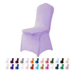 various colors of plastic chair covers for children's chairs, including one with the seat up