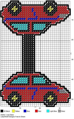 a cross stitch pattern with a red car on the front and back side, as well as