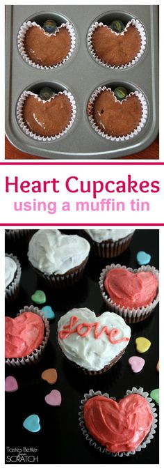 heart shaped cupcakes are sitting in a muffin tin