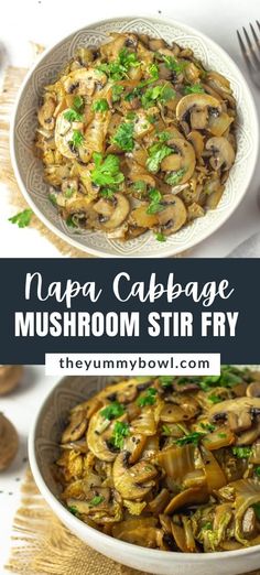 two bowls filled with mushroom stir fry on top of a table