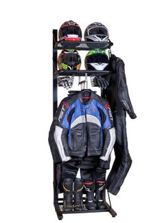 a motorcycle jacket and helmet rack on wheels