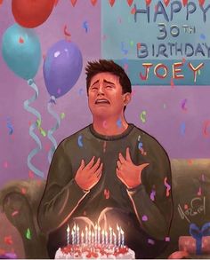 a painting of a man sitting in front of a birthday cake with candles on it