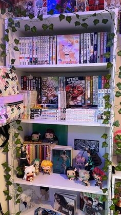 a book shelf filled with lots of books and anime figurines on top of it