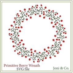 a wreath with red berries and green leaves is shown in the center of this pattern