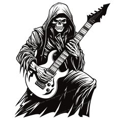 a skeleton with a guitar in his hand and wearing a hoodie, sitting on the ground