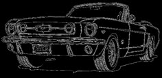 an old muscle car is shown in this black and white drawing, with the hood up