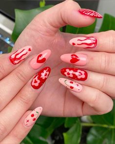 Valentines Day Nails Funky, Red Vday Nails Valentines Day, Strawberry Valentines Nails, Valentines Day Nails Cherry, Funny Valentines Day Nails, Anti Valentine’s Day Nails, Abstract Valentines Nails, Alternative Valentines Nails, Grunge Valentines Nails