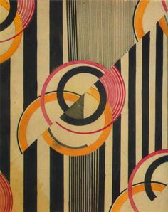 an abstract painting with circles and lines in black, white, orange and pink colors