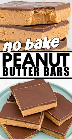 no bake peanut butter bars stacked on top of each other with the text overlay