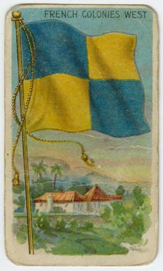 an old postcard with a flag on it