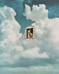 a man standing in a window on top of a cloud filled sky