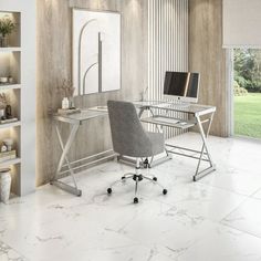 an office with marble flooring and white walls, along with a desk that has a computer on it