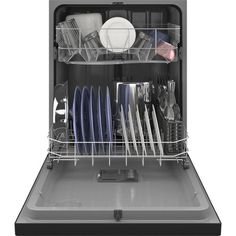 an open dishwasher with dishes in it