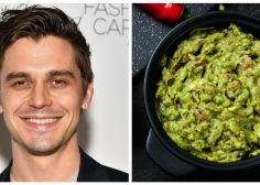 a man smiling next to an image of guacamole in a black bowl