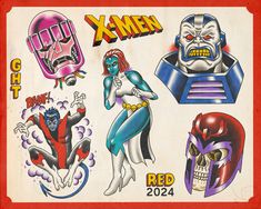 an old school tattoo sticker sheet with different designs on it, including skulls and demon heads