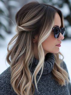 Balayage Hair Dramatic, Medium Winter Hair, Winter Brown Hair With Highlights, Brown Hair With Silver And Blonde Highlights, Highlights Brown Hair Ponytail, Root Melt On Highlighted Hair, Winter Bayalage Blonde, Holiday Blonde Hair, Different Color Hair Ideas Ombre