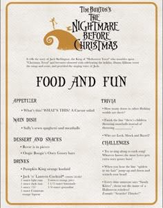 a menu for food and fun with an image of the night before christmas on it