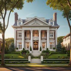 a large white house sitting on top of a lush green field next to trees and bushes