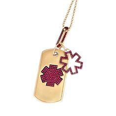 Add style to your existing medical ID necklace or bracelet with our 14k gold and pavé ruby star of life accent charm! Features include: Crafted in 14k yellow or white gold 0.17 cttw pavé rubies Prominent star of life medical symbol (that represents emergency medical services) Charm measures 15mm Can be worn in combination with any of our charm bracelets or necklaces, or with medical ID or traditional jewelry from your own collection WEAR IT IN GOOD HEALTH... Medical Alert Necklace, Gold Dog Tag, Medical Jewelry, Medical Symbols, Medic Alert Bracelets, Emergency Medical Services, Ball Chain Necklace, Medical Alert, Star Ruby